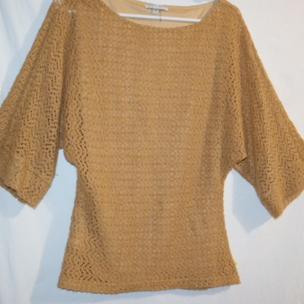Alberto Makali Women's Gold Crochet Knit Dolman Sleeve Sweater Top Medium